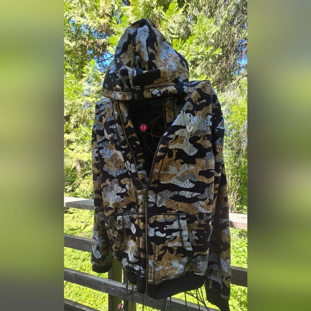 TRUE RELIGION Gold&silver Metalic Camo Front Pocket Hoodie SzL - Picture 3 of 11